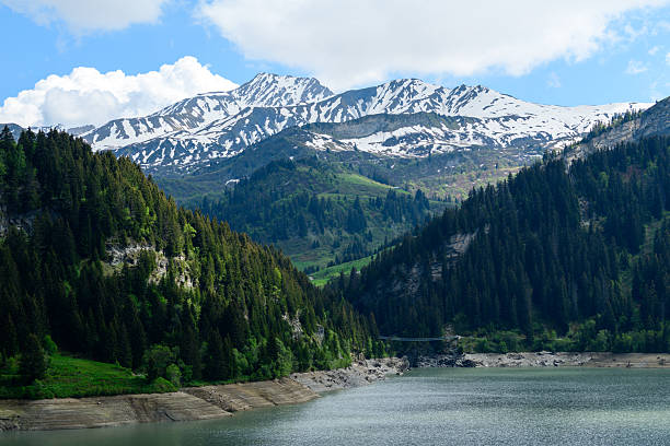 A serene mountain reservoir is framed by lush evergreen forests and dramatic snow-covered peaks under a bright blue sky near Barrage de Saint Guerin.