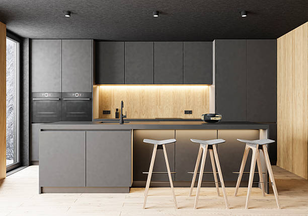 istock Modern Japandi Minimalist Black Kitchen with Natural Wood and Neutral Tones 2255959152
