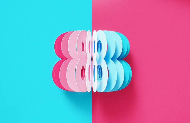 Colorful number 8 on blue and pink background.