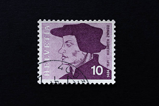 Udine, Italy january 11, 2026.  Huldrych Zwingli, 1484-1531, Swiss Protestant reformer, commemorated on a Swiss postage stamp