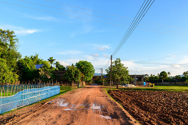 A reddish dirt road with puddles runs through a quiet countryside village, bordered by green trees, farm plots, and simple fencing under a clear blue sky. Power lines stretch above the landscape, capturing the tranquil rural atmosphere and warm afternoon light.