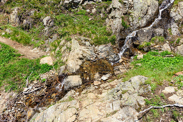 A narrow dirt path winds through alpine terrain, crossing a small rocky stream with trickling water and scattered greenery under bright daylight. Textured stones and fresh grass create a rugged, natural mountain atmosphere.