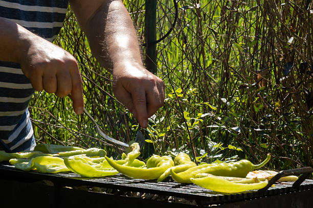 Green peppers on the outdoor grill