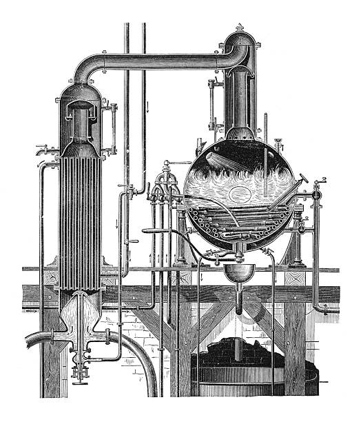 Vacuum pan apparatus for sugar beet crystallization, depicting the calandria heating system and vapor condenser under reduced pressure, old vintage illustration, 1895.