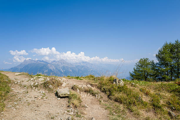 A rugged dirt path winds over rocky terrain and grassy patches, opening to sweeping views of distant alpine peaks under a clear blue sky with scattered clouds.