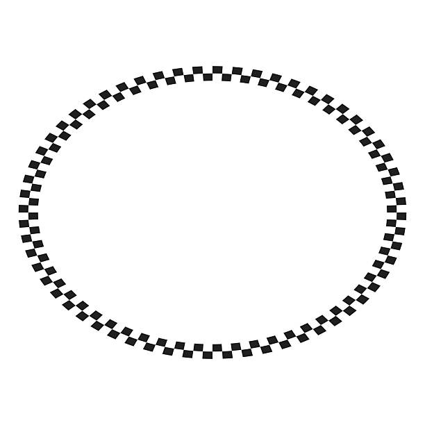 Oval frame with black and white checkered print. Elliptic vignette with checkerboard, rally flag or chess game board squares pattern. Geometric framework. Vector graphic illistration.