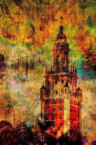 Artistic digital composite of the Freedom Tower in Miami, Florida, featuring rich textured layers and multicolored painterly effects. The historic building is blended with abstract patterns and warm tones, giving the image a vintage yet contemporary look.