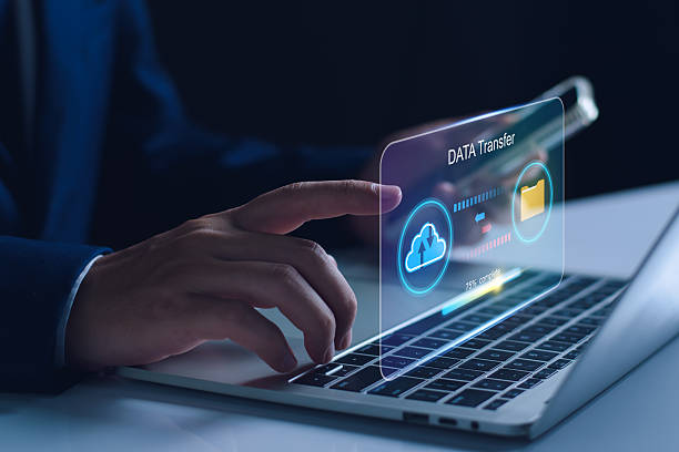 Database management cloud computing and data center security file document transfer concept, Businessman transfer data online security system in business work company. Download and upload data stock photo