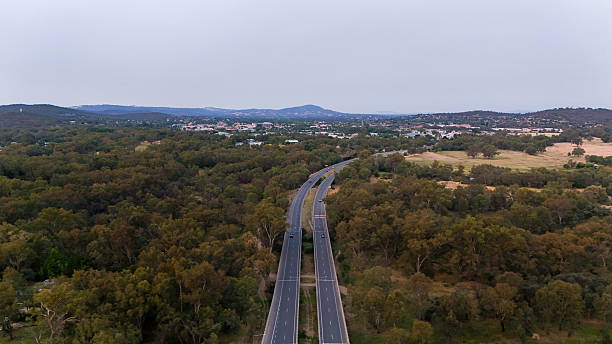The Hume Freeway passing through bushland and the Murray River flood plain between Albury and Wodonga