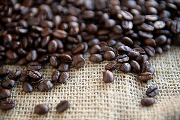 Close-up of coffee beans spilled over a natural, rough jute material.