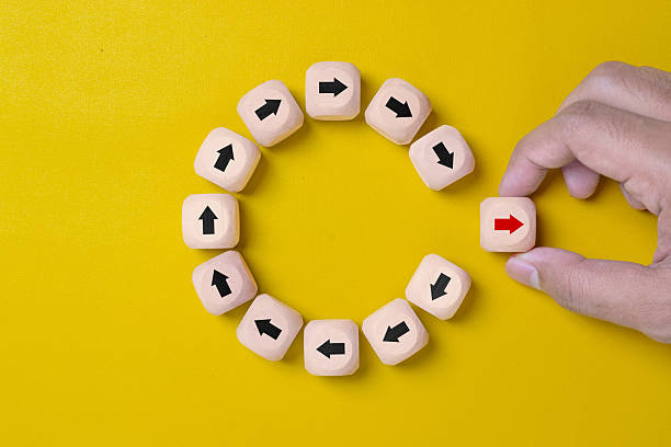 istock Disruption and technology transformation concept , Hand move out red arrow on wooden block cube move out from circle black arrow on yellow background 2255987391