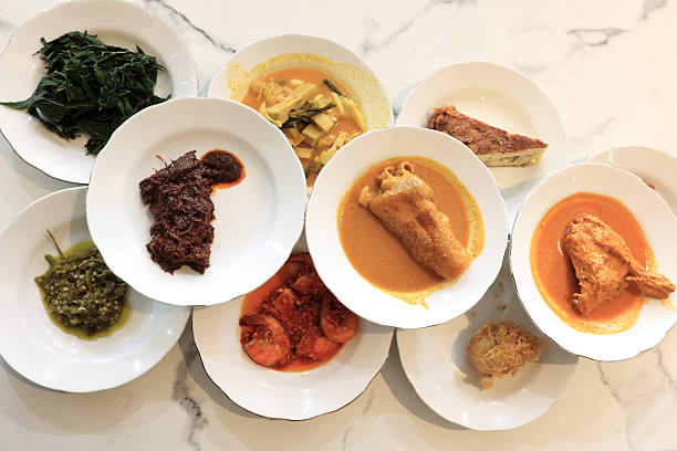 Top View Nasi Padang, various Minang Side Dish on the Table