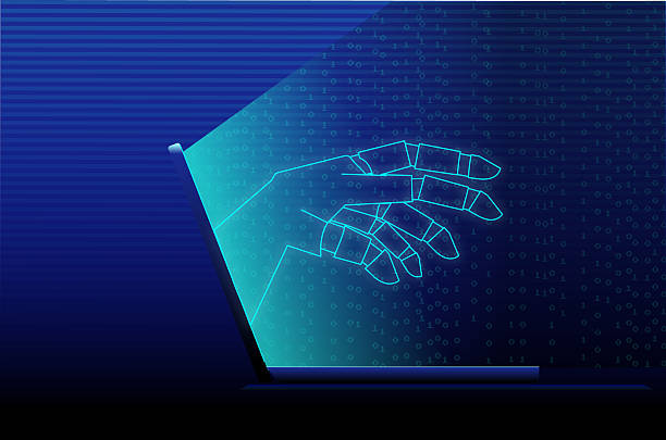 Vector illustration of a Computer laptop Artificial Intelligence hacker concept with robot hand coming out of laptop screen and blue binary code background with zero and 1 numbers. Fully editable vector eps and high resolution jpg in download.