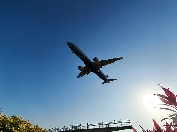 Airplane Taking Off Against Blue Sky – Low Angle Shot with Sunlight