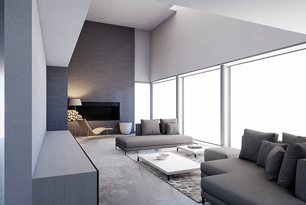 istock Minimalist Modern Living Room Interior with Grey Sofas and Fireplace. 3D Illustrator 2255995852