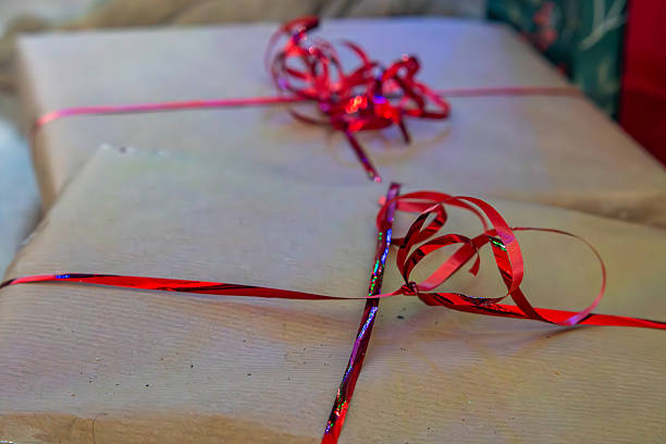 Wrapped gift in paper and red ribbons creates a festive scene.