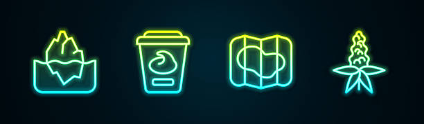 istock Set line Iceberg, Yogurt container, Map of Iceland and Lupine flower. Glowing neon icon. Vector 2256001815