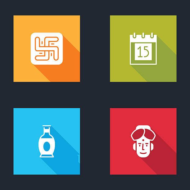 Set Hindu swastika, Independence day India, Indian vase and man icon. Vector.