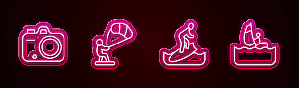 istock Set line Photo camera, Kitesurfing, Surfboard and Windsurfing. Glowing neon icon. Vector 2256009343