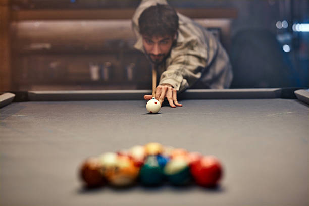 Billiard table with cue and white ball. 3d-rendering