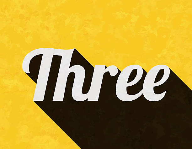 Three. Text in a trendy vintage style. Beautiful retro illustration with an old textured yellow paper and a black long shadow (colors used: yellow, white and black). Vector Illustration (EPS file, well layered and grouped). Easy to edit, manipulate, resize or colorize. Vector and Jpeg file of different sizes.