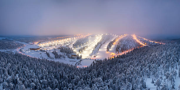 Ski slope of Mount Ruka. Lapland winter landscape. Ski resort.
