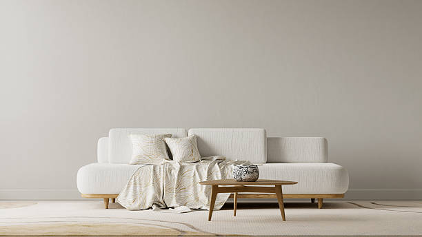 istock Japandi living room interior with large clean wall and soft neutral daylight creating spacious negative space composition. 3D illustration. 2256031966