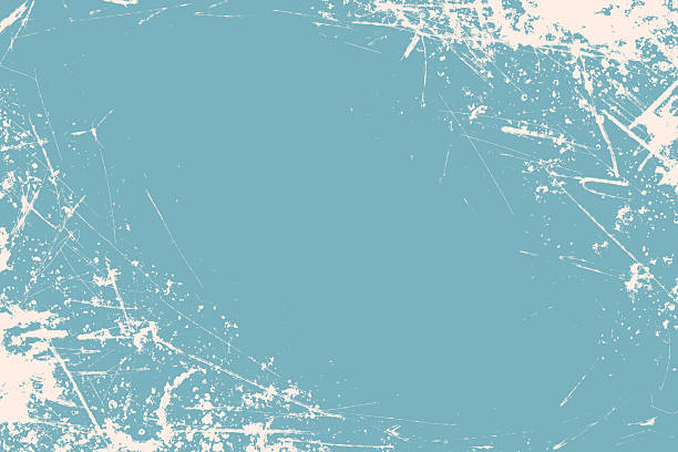 Blue and white grunge background. Distress weathered rough overlay texture with scratch lines. Grunge frame design with white paint spots.
