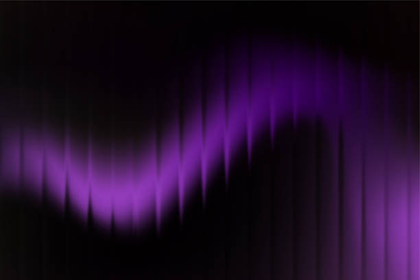 Violet and red neon curved wave of light as curls, swirl or spiral with dotted stripes on black background. Abstract background with motion light effect, light painting in contemporary style.