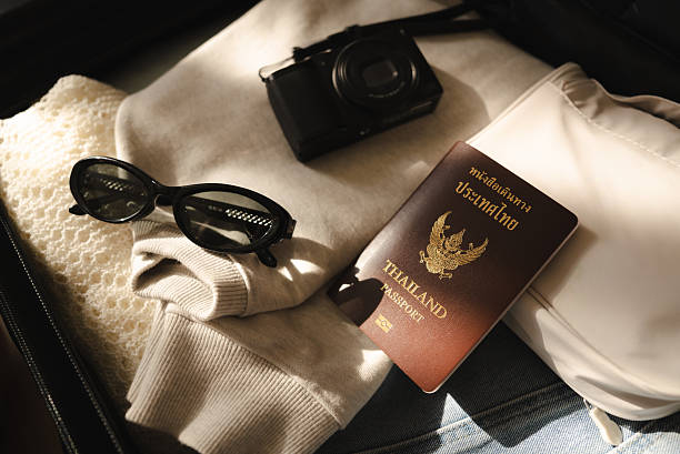 Personal travel accessories arranged for international trip