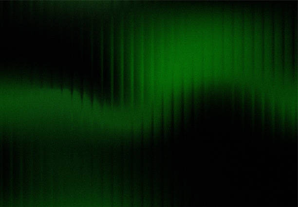 Dark abstract background displays vertical undulating lines of bright emerald green light overlaid with heavy digital film grain creating a sense of static interference or mysterious energy flow across a black void.