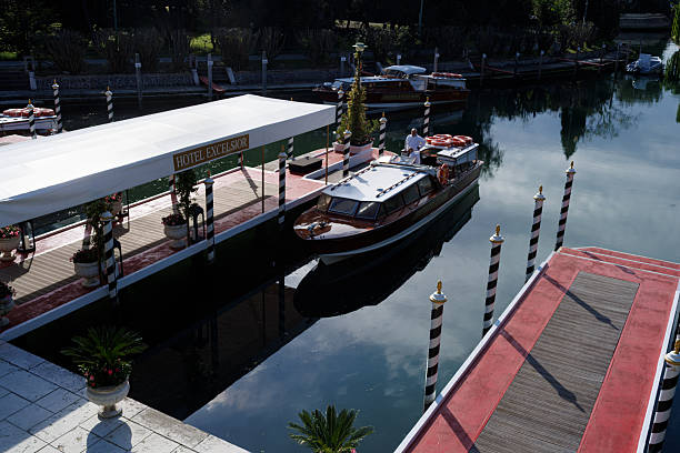 Venice Lido, Italy - April 27, 2025: High-angle view of the pier of the Hotel Excelsior, where film stars land during the Venice International Film Festival
