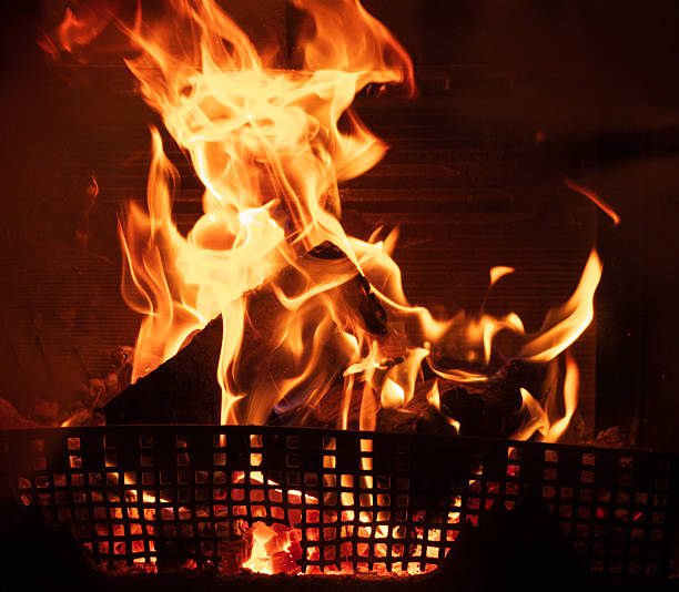 Fire burning in the fireplace in winter, firewood burning.