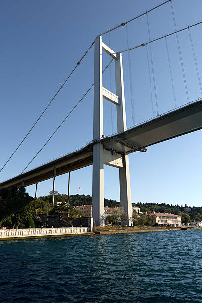 Istanbul, Turkey-January 24, 2026: A dramatic low-angle view of the massive concrete pylon and the underside of the 15 July Martyrs Bridge spanning the Bosphorus strait, with the shoreline visible in the background in Istanbul, Turkey.