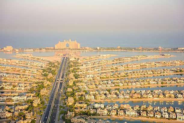 Dubai -UAE-Dec 22,2023: Palm Jumeirah island in Dubai view from Monorail train in high speed