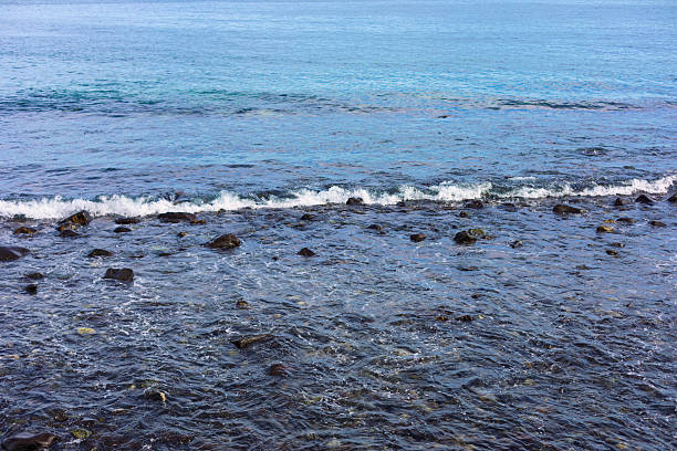 Shallow, dark blue ocean water washing over dark, submerged coastal rocks. Surface of moving seawater revealing darker, visible underwater rocks