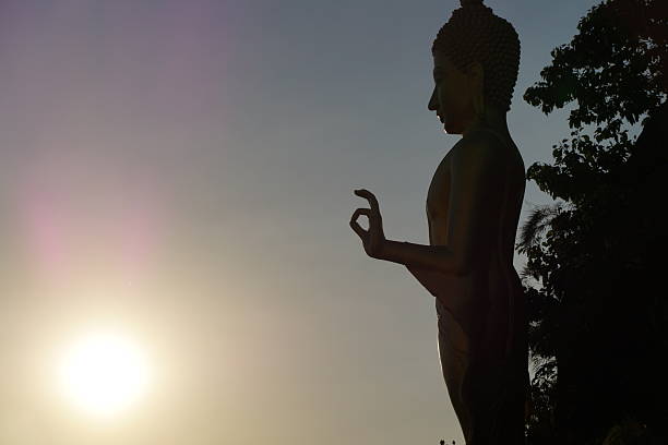 One golden, old Buddha statue of the temple in the blooming garden.