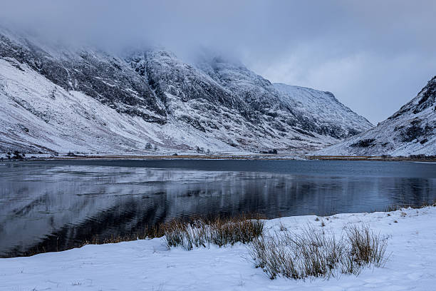 Loch Achtriochtan and reflections of the Aonach Eagach Ridge in a winter scen from Glencoe in the Scottish Highlands