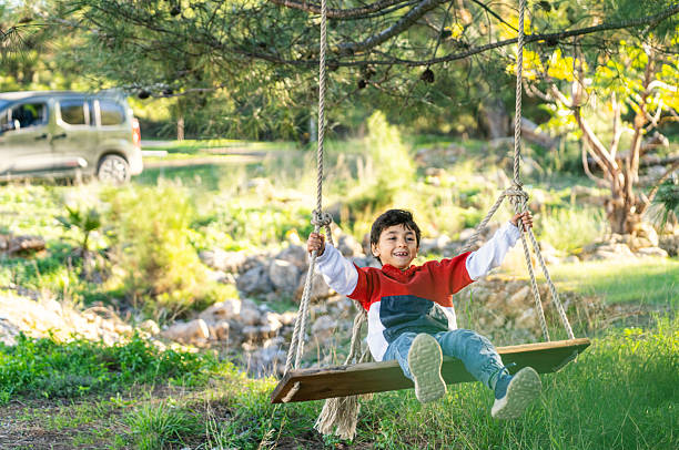 Smiling young boy enjoying a wooden swing hanging from a tree in a green outdoor setting. Childhood happiness, playtime, and carefree moments in nature.