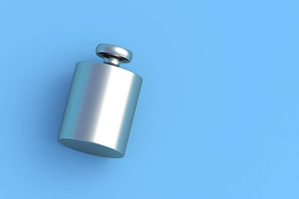 One calibration weight on blue background. Pharmacy equipment. Laboratory tool. Copy space. 3d render