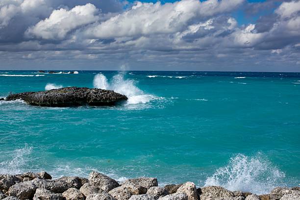 Aqua blue beach with waves crashing on rocks on sunny day