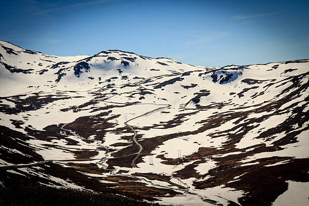 A high-altitude winding road cuts through Jotunheimen National Park on a sunny day, surrounded by snow-covered mountain terrain.