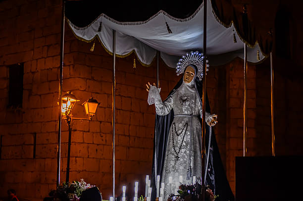 Holy Week procession, Holy Week float, Our Lady of Sorrows and Solitude. Christian festival through the streets. Tordesillas, Valladolid, Castile and León, Spain, Europe - April 15, 2022.