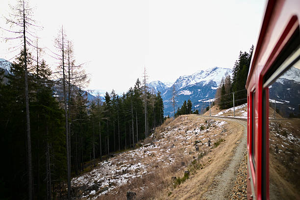 Red train traveling through snowy mountains and alpine forest