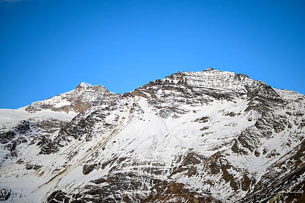 Snowcapped mountain peaks under clear blue sky