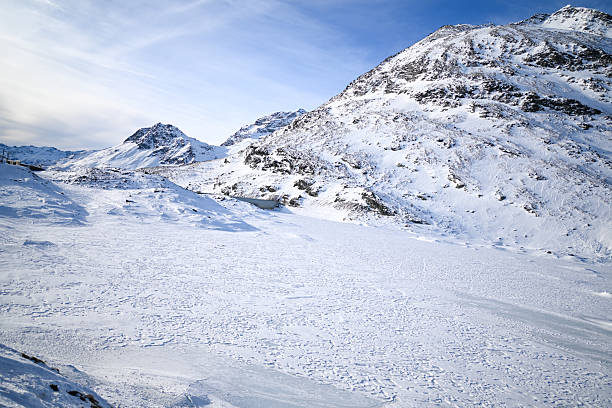Frozen alpine lake with mountains covered in snow