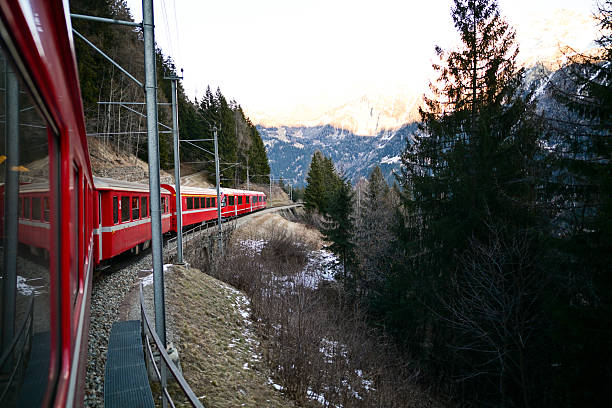 Bernina Express train traveling through snow-dusted forest with mountains in background
