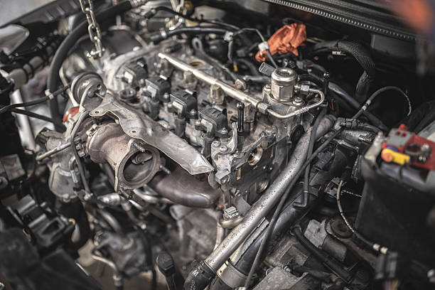 Close-up view of a complex car engine, showcasing its mechanical components.