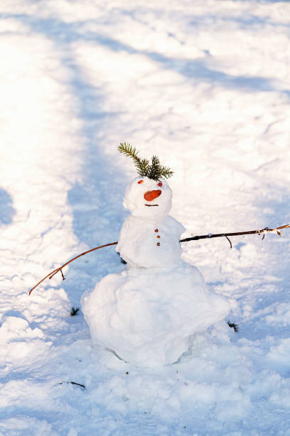 Happy Snowman in the snow. Blue snowy background with copy space. Can be used as holiday greeting card for Christmas and New year, postcard, advertising, marketing, invitations, winter storytelling. Majestic. Not AI.