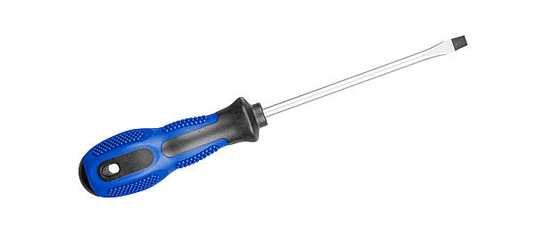 A flathead screwdriver with a black Blue handle is perfect for repair tasks. Its ergonomic grip provides comfort during extended use on isolated white background close-up